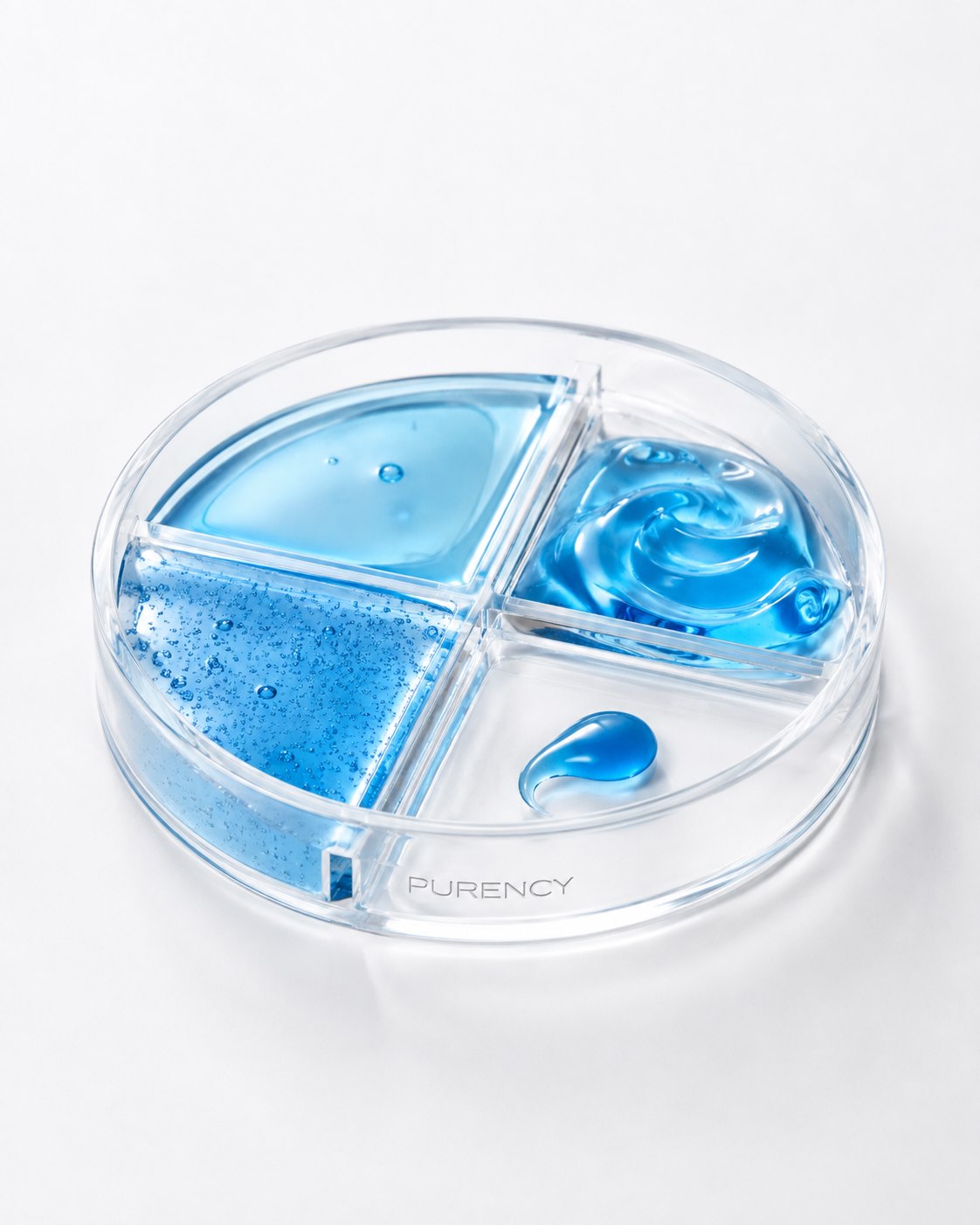 Texturas de sérum azul organizadas em uma placa de laboratório PURENCY